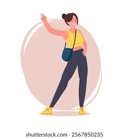 Hipster girl pose vector flat illustration. Cartoon latina female character with tied hair in stylish jeans, sneakers and shoulder bag, brunette woman standing and hand peace sign pose