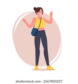 Hipster girl pose vector flat illustration. Cartoon latina female character with tied hair in stylish jeans, sneakers and shoulder bag, brunette woman standing and waving both hands