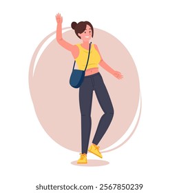 Hipster girl pose vector flat illustration. Cartoon latina female character with tied hair in stylish jeans, sneakers and shoulder bag, brunette woman standing and raised one hand