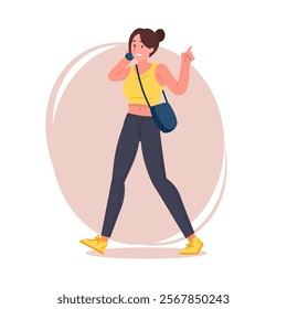 Hipster girl pose vector flat illustration. Cartoon latina female character with tied hair in stylish jeans, sneakers and shoulder bag, brunette woman walking and calling someone by phone