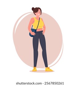 Hipster girl pose vector flat illustration. Cartoon latina female character with tied hair in stylish jeans, sneakers and shoulder bag, brunette woman standing position and gesture