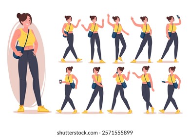 Hipster girl poses vector flat illustration set. Cartoon latina female character with tied hair in stylish jeans, sneakers and shoulder bag, brunette woman standing in different position and gesture