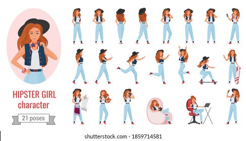 Hipster girl poses vector illustration set. Cartoon pretty female character with long hair in stylish jeans, sneakers and hat, young woman standing in different position and gesture isolated on white