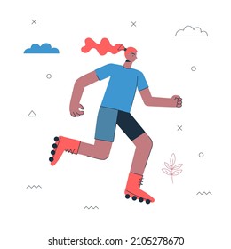 Hipster girl roller skating. Young woman skater. Healthy active lifestyle and sport creative concept. Female person on rollerskate. Vector eps art illustration