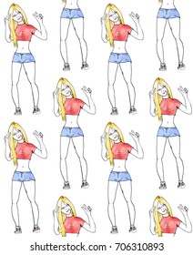 Hipster girl seamless pattern. Model Women, sunglasses, red lipstick background. Hand drawn vector illustration. Hipster style