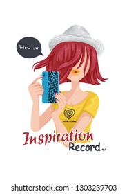 Hipster girl selfie while using modern mobile camera. Capturing bright moments. Tourist women capturing the moment. slogan with impression, inspiration. vector illustration.
