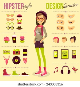 Hipster girl set with fashion accessory customizable elements isolated vector illustration