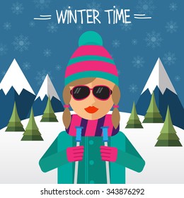 Hipster girl skier in flat style. Vector illustration.