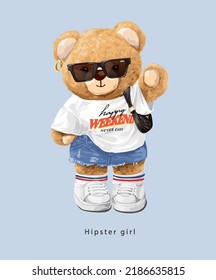 eslogan de chica hipster con muñeca de oso lindo con gafas de sol y falda denim ilustración vectorial