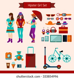 Hipster girl style set with trendy fashion accessories isolated vector illustration