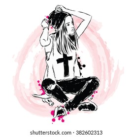 Hipster girl. Stylish girl in the vector.