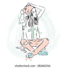 Hipster girl. Stylish girl in the vector.