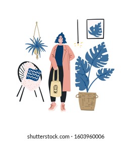 Hipster girl in trendy clothes in urban jungle interior design with acapulco chair and monstera hand drawn flat cartoon doodle sketch