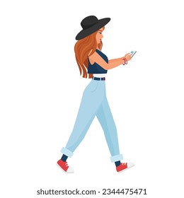 Hipster girl using smartphone. Famous woman on social media, taking selfie vector cartoon illustration
