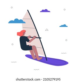 Hipster girl windsurfer. Young woman on windsurf. Healthy active lifestyle and extreme windsurfing sport creative concept. Female person wind surfing. Surfer vector eps art illustration