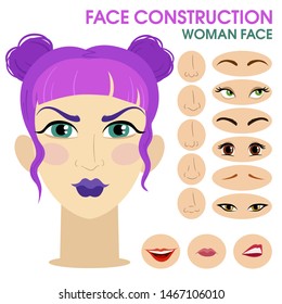 Hipster girl. Woman face constructor. Cartoon vector style. Creation of spare parts. Different eyes, eyebrows, lips, nose. Character. Vector.
