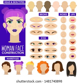 Hipster girl. Woman face constructor. Cartoon vector style. Creation of spare parts. Different hairstyles and hair color, eyes, eyebrows, lips, nose, head shape and skin color. Different nationality.