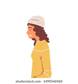 Hipster Girl in Yellow Sweater and Hat, Side View Vector Illustration