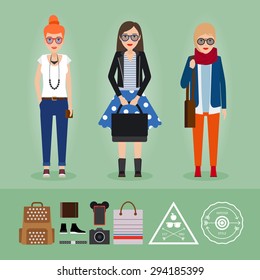 Hipster girls with hipster accessories and labels. Trendy clothes and outfit