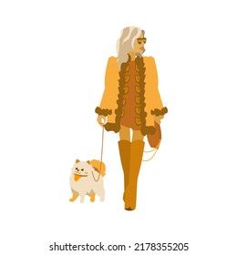 Hipster girls in boho outfits walk with Pomeranian. Happy pet owner in casual wear. Flat vector illustration on white background