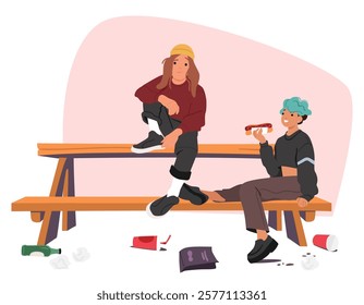 Hipster girls group of teenagers eating junk food sitting on park bench throwing disposable waste littering city streets environment vector illustration. Mischief behavior of teenage children