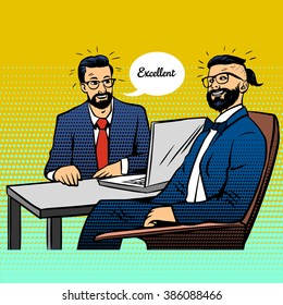 Hipster glasses with a beard and mustache in an interview when applying for a job. Illustration in pop-art style. Comics for a website or advertisement