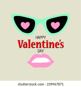 Hipster glasses and the lips on the background. Happy Valentine's day postcard. Vector illustration. 