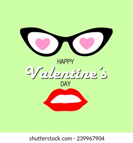 Hipster glasses and the lips on the background. Happy Valentine's day postcard. Vector illustration. 