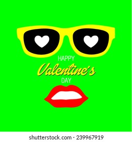 Hipster glasses and the lips on the background. Happy Valentine's day postcard. Vector illustration. 