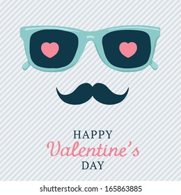 Hipster glasses and the mustache on the stripes background. Happy Valentine's day postcard. Vector illustration.