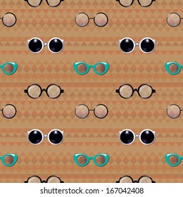 Hipster Glasses on Triangle Background Vector Seamless Pattern