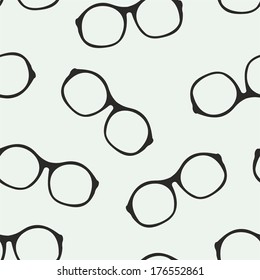 Hipster glasses seamless blue vector pattern or background. Black thick holder retro illustration with medical huge eye glasses silhouette. Sign of intelligence, crazy professor or school teacher