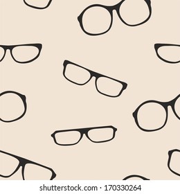 Hipster glasses seamless vector beige pattern or background. Black thick holder retro illustration with medical huge eye glasses silhouette collection. Sign of intelligence secretary or school teacher