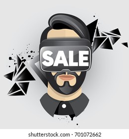 Hipster in the glasses of virtual reality. A man with a beard. Vector illustration. Modern technologies. VR.