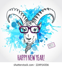 Hipster GOAT background. Hand drawn Goat in glasses with watercolor splashes. Chinese astrological sign. New Year 2015. Vector illustration. 