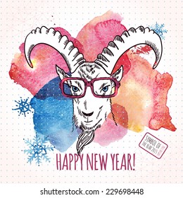 Hipster GOAT background. Hand drawn Goat in glasses with watercolor splashes. Chinese astrological sign. New Year 2015. Vector illustration. 