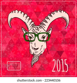 Hipster GOAT illustration on triangle background. Hand drawn Goat in glasses. Chinese astrological sign. New Year 2015. Vector image. 