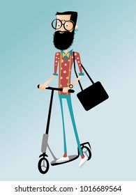 Hipster going to work on scooter