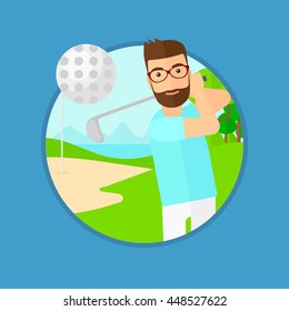 A hipster golfer with the beard hitting the ball. Professional golfer on golf course. Young man playing golf. Vector flat design illustration in the circle isolated on background.