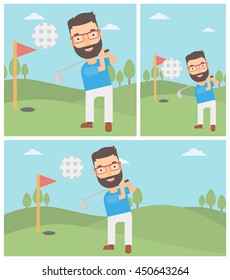 A hipster golfer with the beard hitting the ball. Professional golfer on golf course. Young man playing golf. Vector flat design illustration. Square, horizontal, vertical layouts.