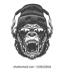 Hipster gorila face in glasses and headphones. Vector illustration