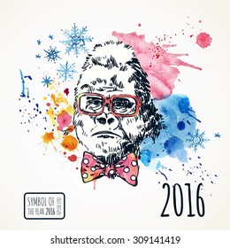 Hipster Gorilla illustration on watercolor background. Hand drawn Monkey in glasses. Chinese astrological sign. New Year 2016. Vector image.