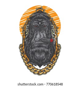 Hipster gorilla smoking cigar wearing gold necklace vector background.