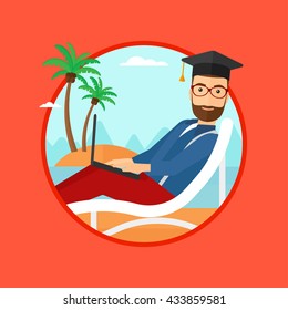 Ein Hipster-Absolvent mit dem Bart liegt in Chaise lang. Graduate in Graduation Cap arbeitet auf Laptop. Studieren Sie an einem Strand. Vektorflache Design-Illustration im Kreis einzeln auf Hintergrund.