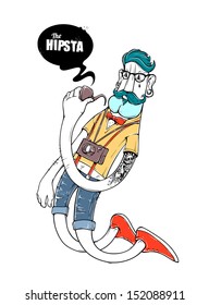 Hipster graffiti character isolated on white. Hand-drawn hipster tattooed dude with mustache. Vector illustration.