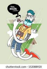 Hipster graffiti character on abstract triangle background. Hand-drawn hipster tattooed dude with mustache. Vector illustration.