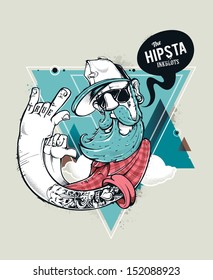 Personaje de graffiti hipster sobre el fondo abstracto del triángulo. Un tipo de hipster dibujado a mano con bigote y barba. Ilustración vectorial.