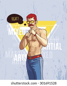 Hipster graffiti character on abstract triangle background. Hand-drawn dude with mustache. Vector illustration.
