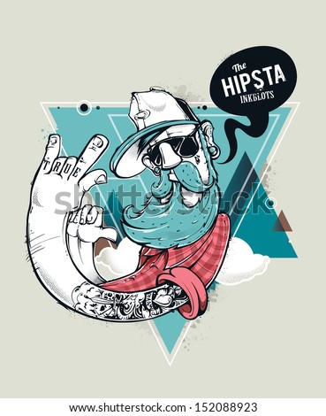 Hipster graffiti character on abstract triangle background. Hand-drawn hipster tattooed dude with mustache and beard. Vector illustration.