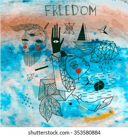 hipster graphic with psychedelic elements with marine issues  and watercolor background

